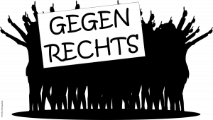 Schwarz-weiß-Grafik Gruppe Menschen Arm mit erhobenen Zeigefinger und Schild Gegen Rechts im Vordergrund